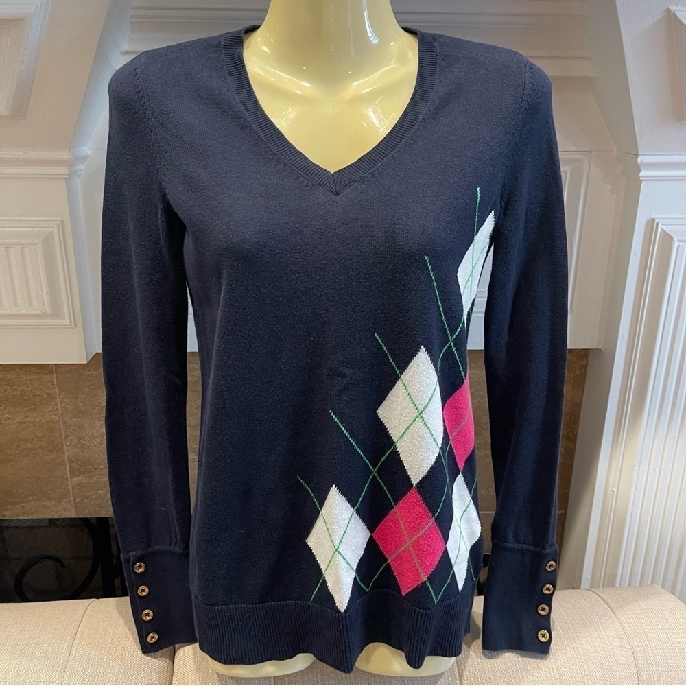 AG: Lilly Pulitzer Argyle V Neck Sweater Women’s XS Navy Pink White